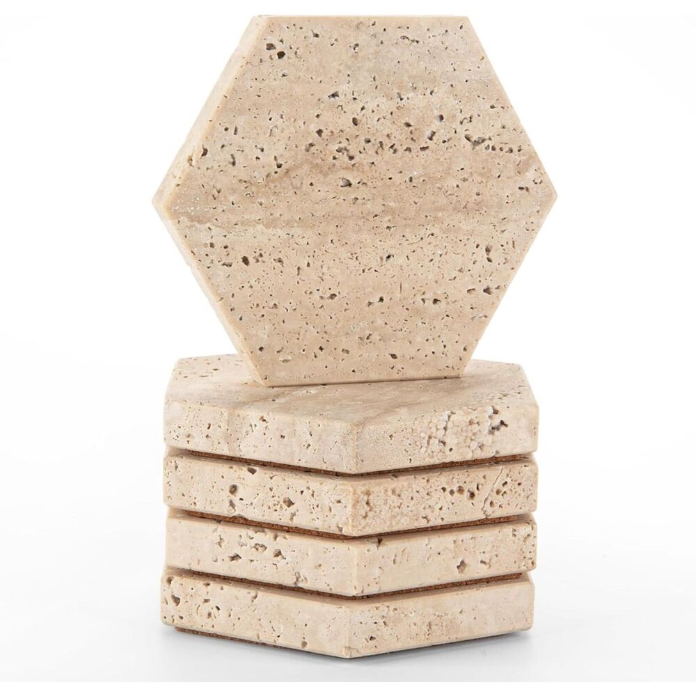 Hexagonal Travertine Marble Coaster Set of 5 Natural Beige Stone Home Decor